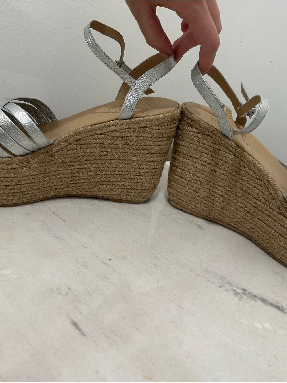 Metallic Silver Woven Espadrille Platform Wedge Sandals